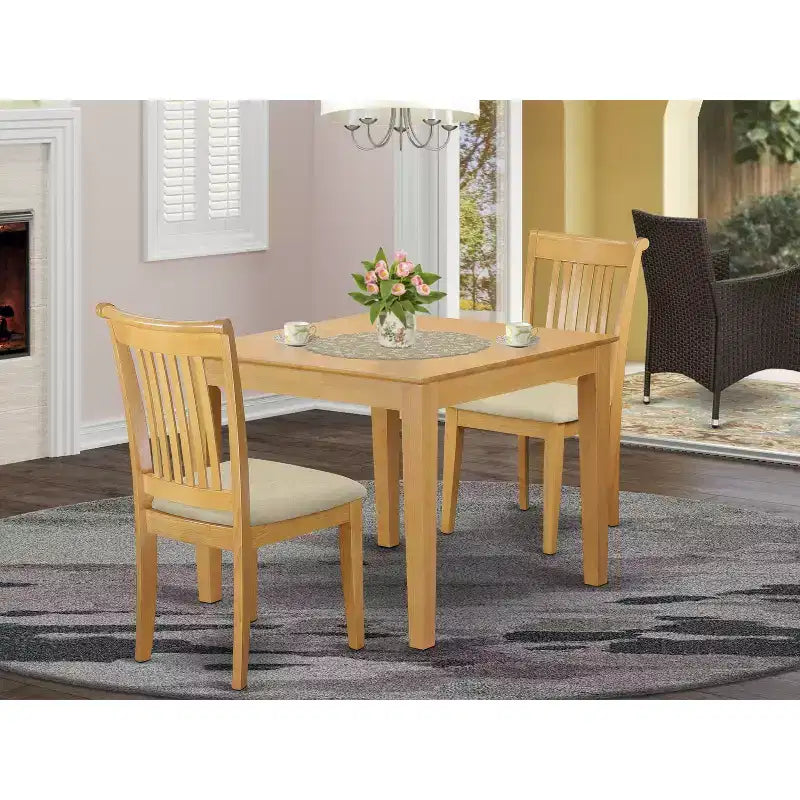 Set da pranzo boho - Tavolo e sedie da cucina 3 pezzi - Tavolo quadrato, sedie imbottite in lino, finitura rovere
