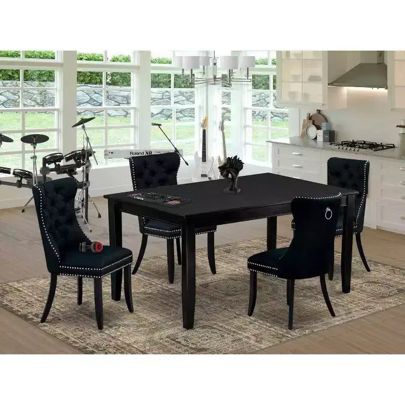 Set da pranzo rettangolare 5 pezzi con piano in legno massello finitura nera - 4 posti a sedere
