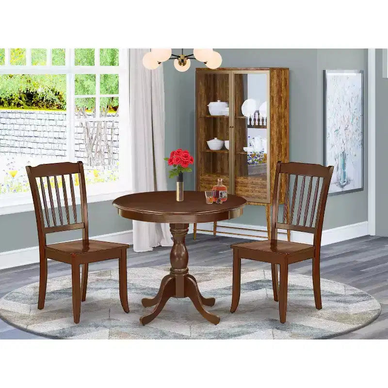 Set da pranzo a 3 pezzi in legno massello con finitura mogano (4 posti)