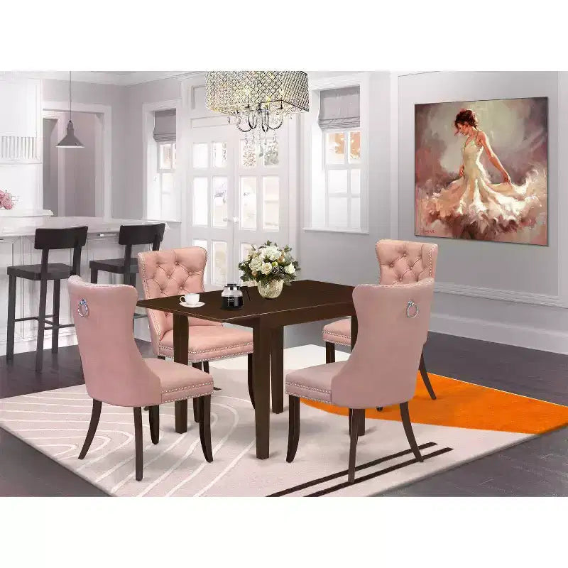 Set da pranzo rettangolare imbottito a 5 pezzi in legno massello con finitura mogano (4 posti)