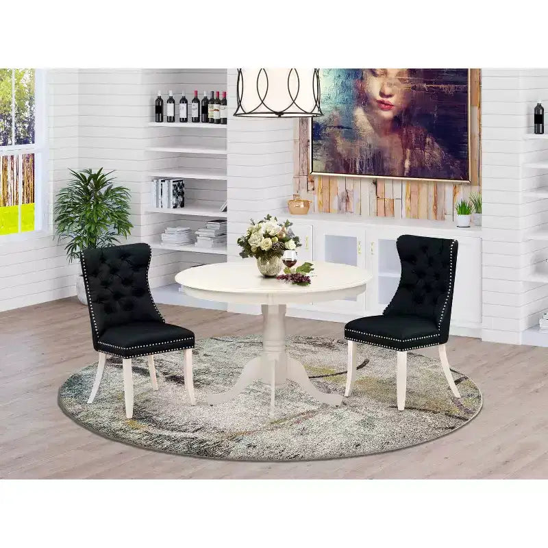 Set da pranzo rotondo a 3 pezzi, con piano in legno massello, finitura lino bianco e sedie imbottite - Posti a sedere: 4