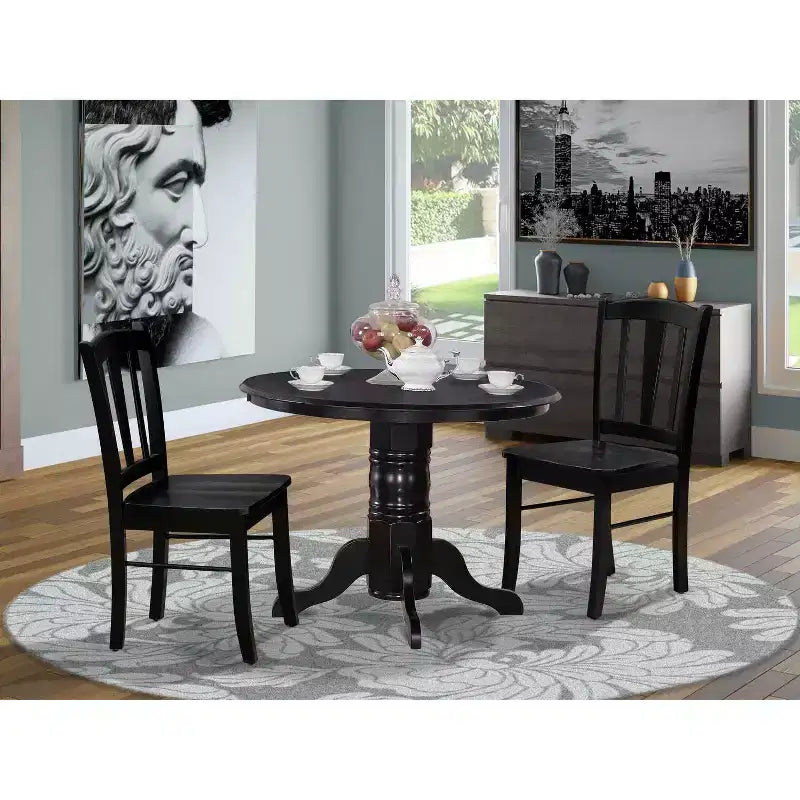 Set da pranzo moderno di 3 pezzi - Tavolo da pranzo rotondo con 2 sedie in legno - Set da cucina con finitura nera