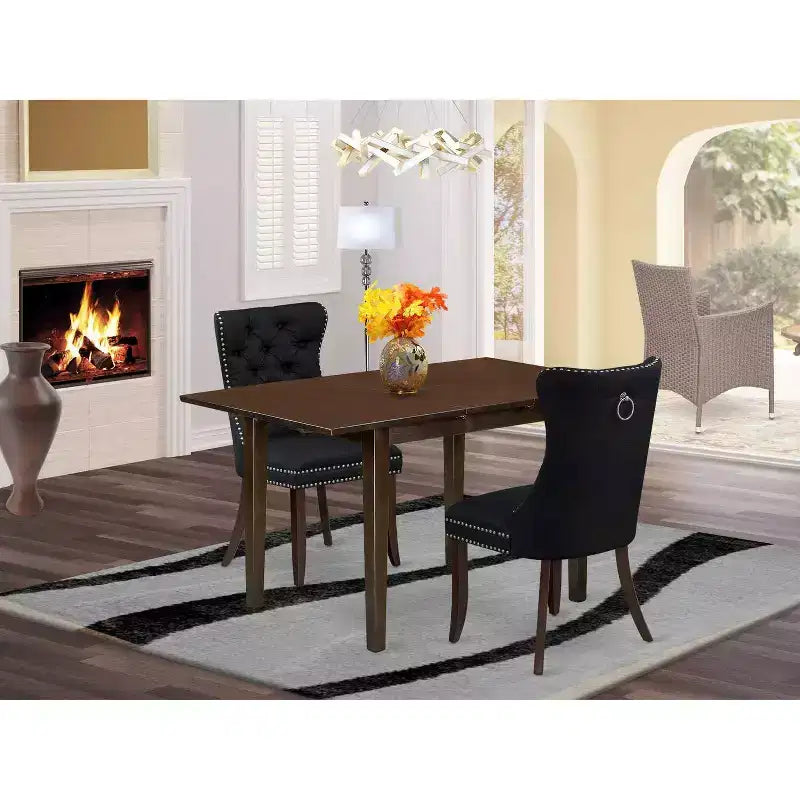 Set da 3 pezzi con tavolo da pranzo rettangolare in legno massello finitura mogano con prolunga a farfalla