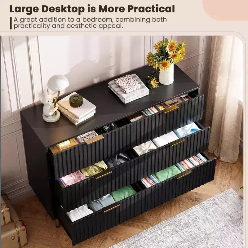Comodino moderno a scanalature per camera da letto con 8 cassetti, cassetti profondi e piano moderno ampio, comò doppio lungo e grande, porta TV e contenitore