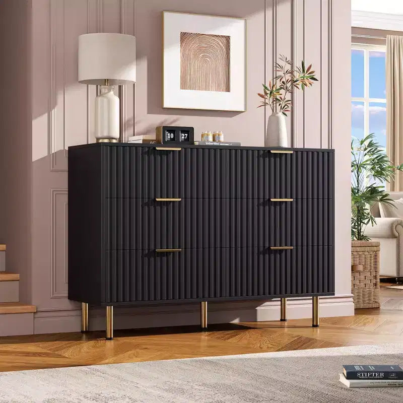 Comodino moderno a scanalature per camera da letto con 8 cassetti, cassetti profondi e piano moderno ampio, comò doppio lungo e grande, porta TV e contenitore