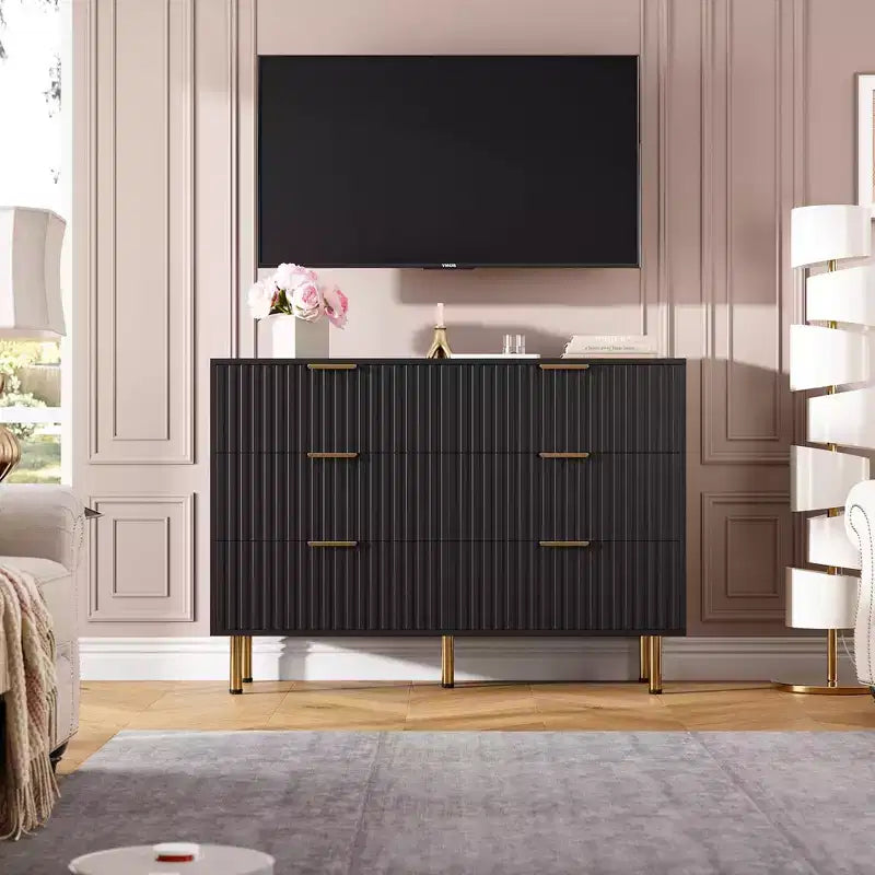 Comodino moderno a scanalature per camera da letto con 8 cassetti, cassetti profondi e piano moderno ampio, comò doppio lungo e grande, porta TV e contenitore