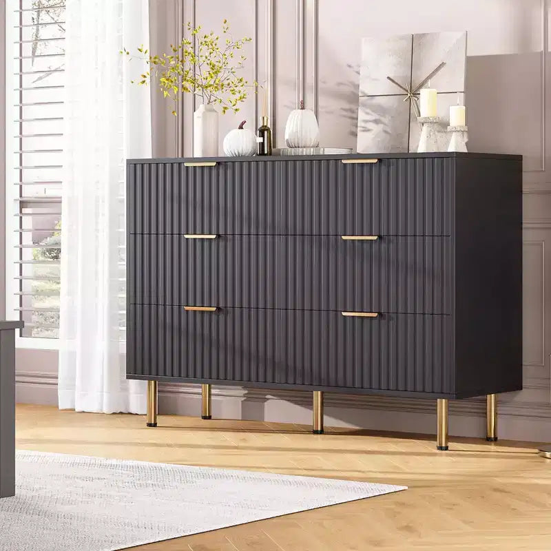 Comodino moderno a scanalature per camera da letto con 8 cassetti, cassetti profondi e piano moderno ampio, comò doppio lungo e grande, porta TV e contenitore