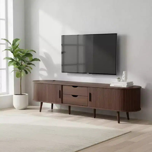 177.8 cm Mid-Century Modern TV Stand with Tambour Doors, Drawers & Built-In Power Outlet – Walnut – product image