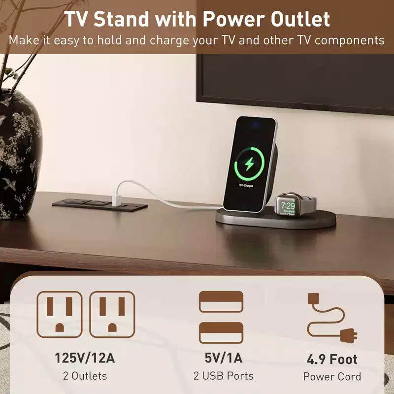 Mobile TV moderno di metà secolo da 70" con ante a serrandina, cassetti e presa di corrente integrata – Noce