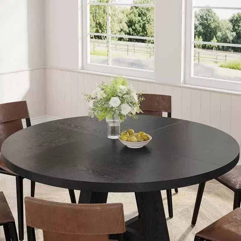 Tavolo da pranzo rotondo da 47", in stile rustico, con base a croce per sala da pranzo, per 4-6 persone, con piano in legno