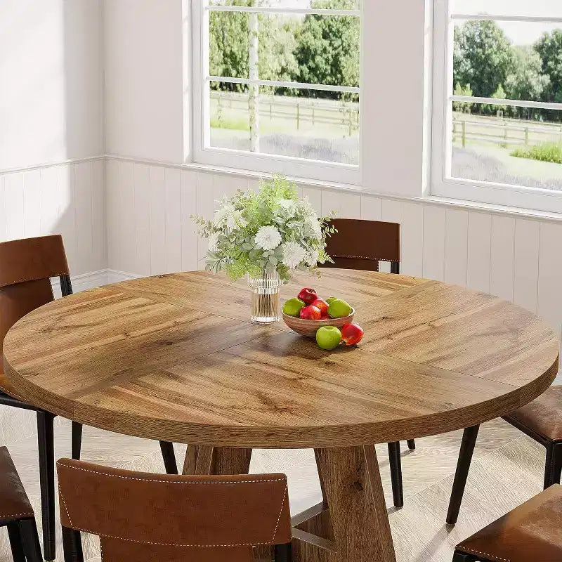 Tavolo da pranzo rotondo da 47", in stile rustico, con base a croce per sala da pranzo, per 4-6 persone, con piano in legno