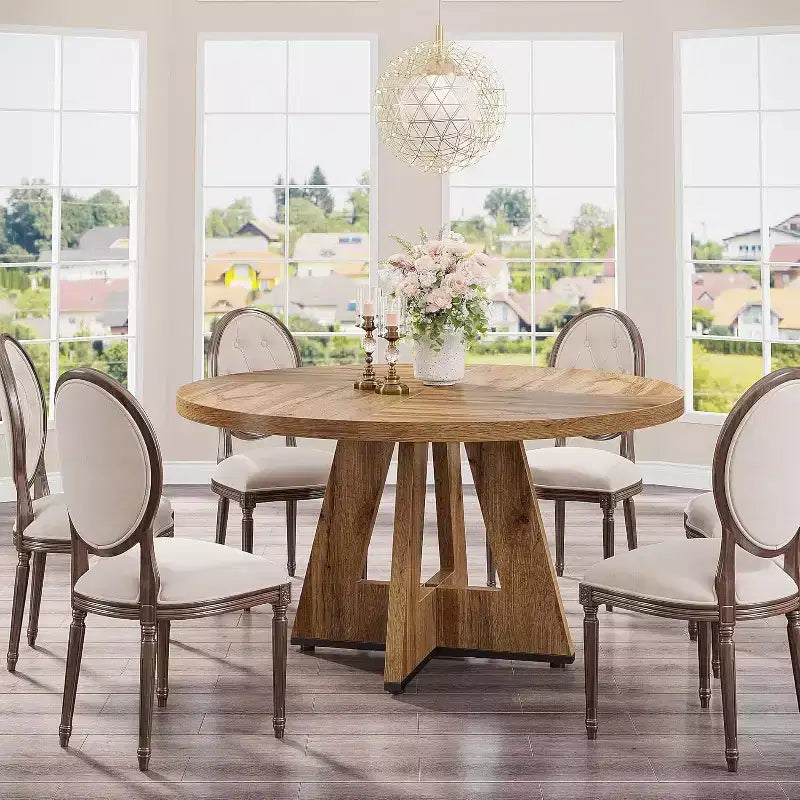 Tavolo da pranzo rotondo da 47", in stile rustico, con base a croce per sala da pranzo, per 4-6 persone, con piano in legno