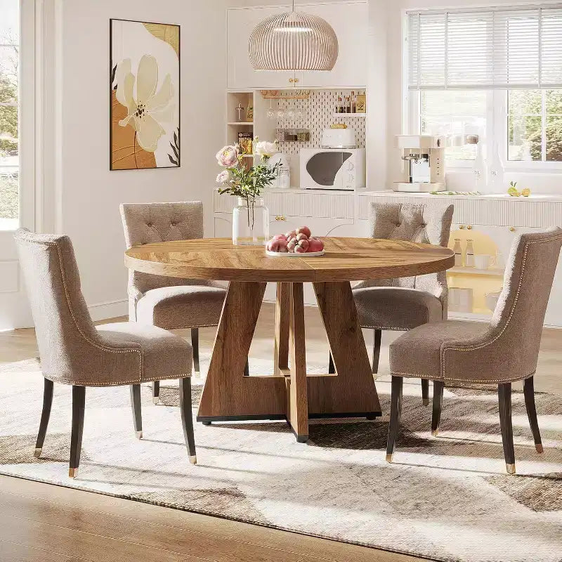 Tavolo da pranzo rotondo da 47", in stile rustico, con base a croce per sala da pranzo, per 4-6 persone, con piano in legno