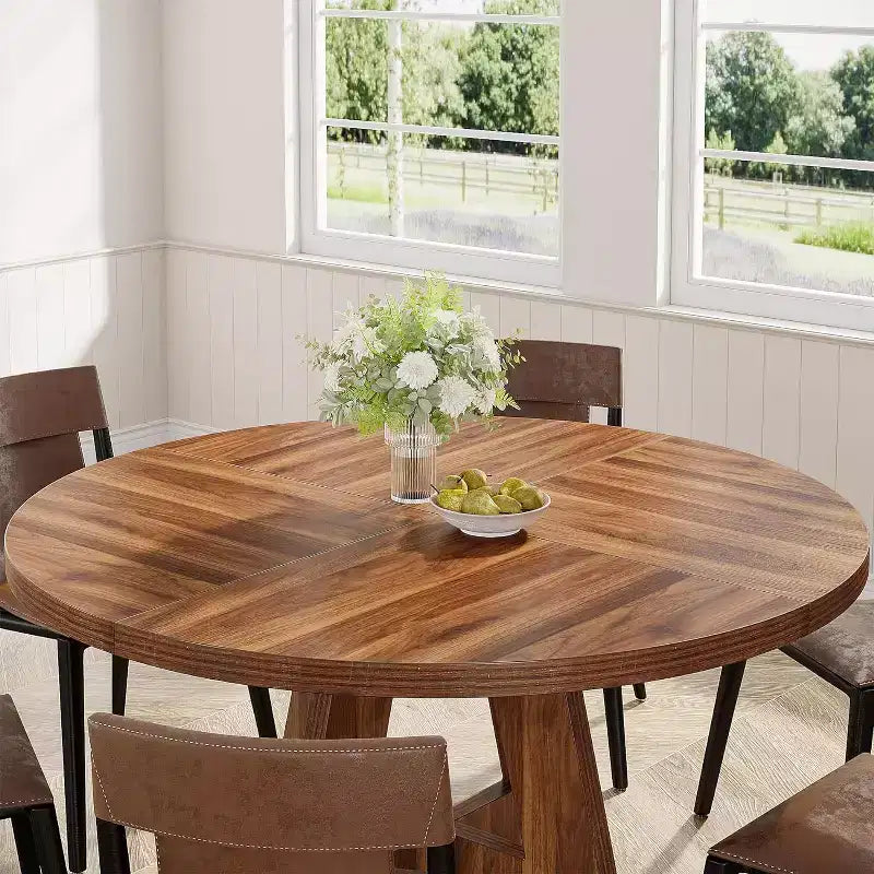 Tavolo da pranzo rotondo da 47", in stile rustico, con base a croce per sala da pranzo, per 4-6 persone, con piano in legno
