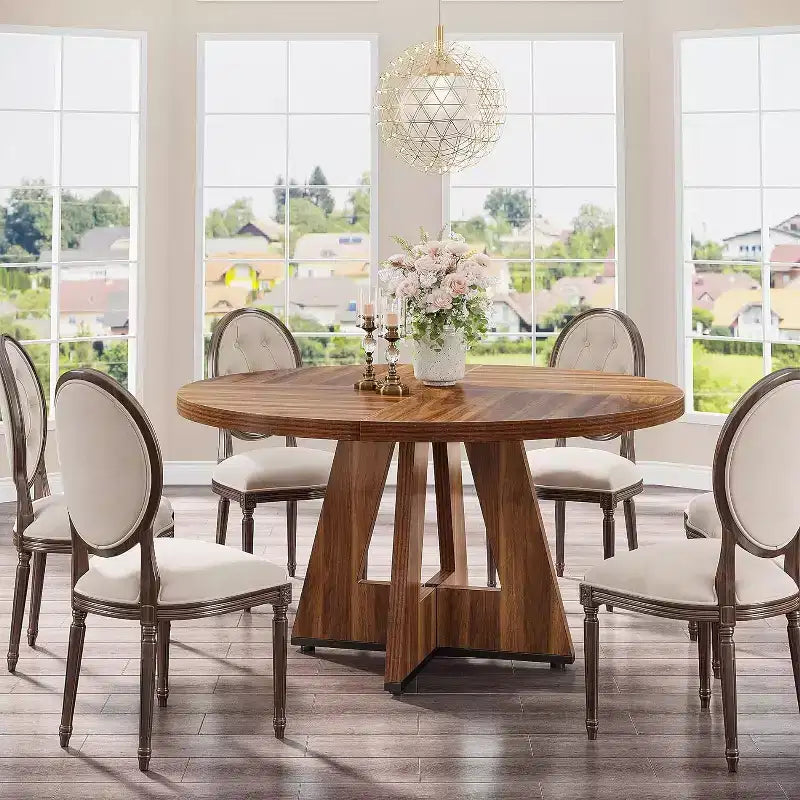 Tavolo da pranzo rotondo da 47", in stile rustico, con base a croce per sala da pranzo, per 4-6 persone, con piano in legno