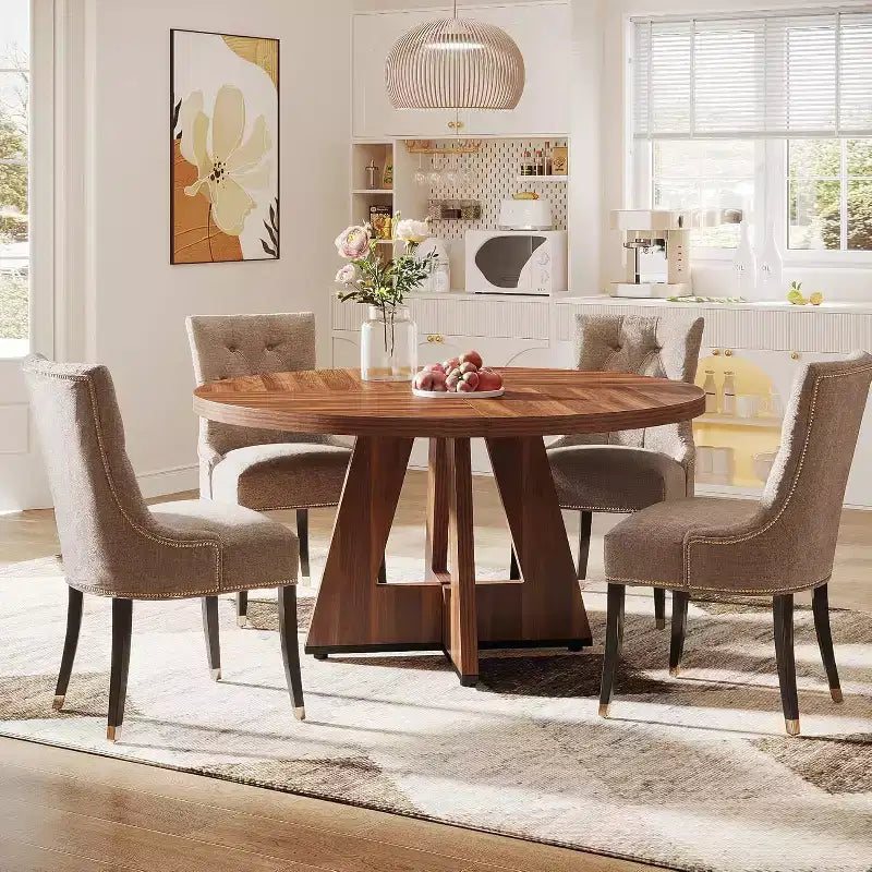 Tavolo da pranzo rotondo da 47", in stile rustico, con base a croce per sala da pranzo, per 4-6 persone, con piano in legno