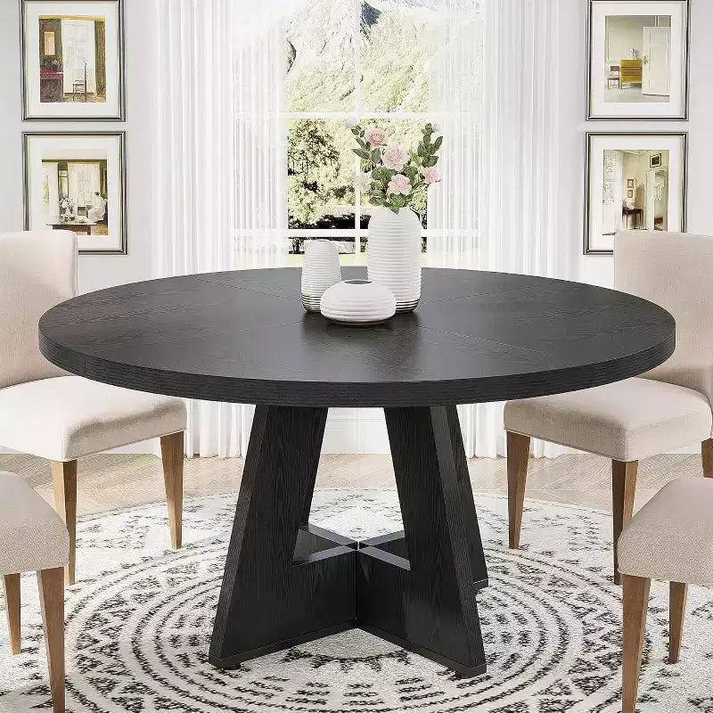 Tavolo da pranzo rotondo da 47", in stile rustico, con base a croce per sala da pranzo, per 4-6 persone, con piano in legno