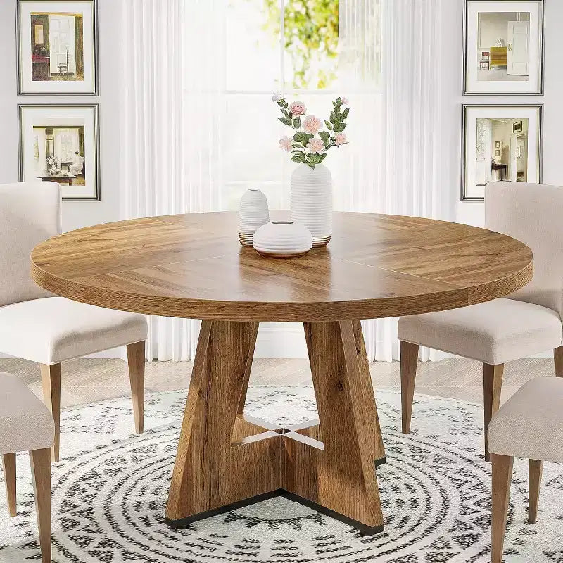 Tavolo da pranzo rotondo da 47", in stile rustico, con base a croce per sala da pranzo, per 4-6 persone, con piano in legno