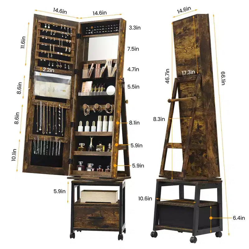 Organizzatore portagioie a 360° con specchio a figura intera, armadietto con serratura su ruote, espositore per collane e bracciali, autoportante