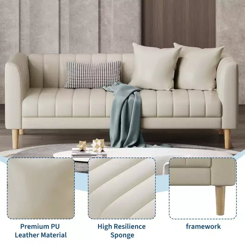 Divano 3 posti in similpelle 78" L con 2 cuscini decorativi, moderno di metà secolo, con gambe in legno, facile da montare, per soggiorno e camera da letto