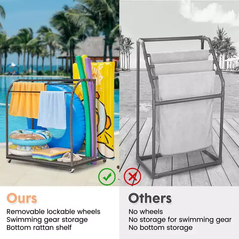 Porta asciugamani da bordo piscina, porta asciugamani in rattan intrecciato da terra, organizer con scomparto per gonfiabili, noodle da piscina, anelli da nuoto