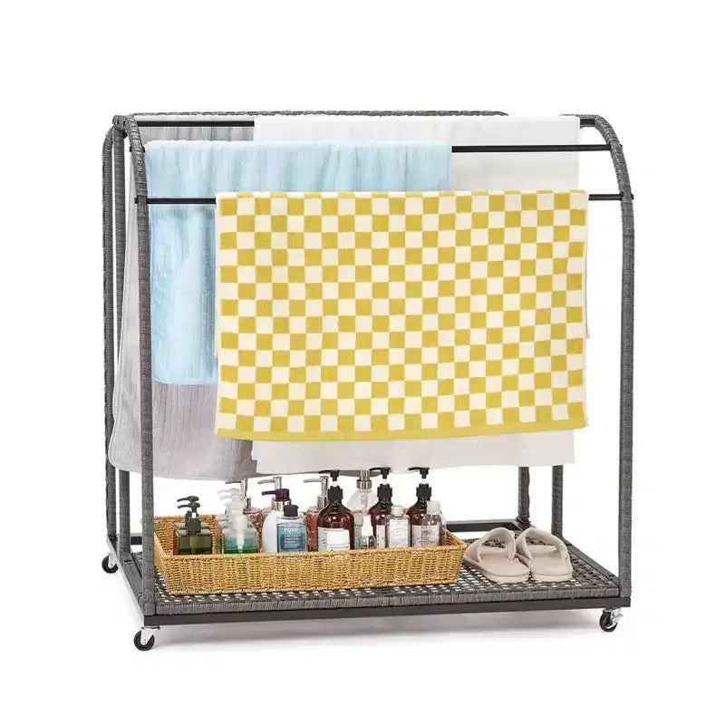 Porta asciugamani da bordo piscina, porta asciugamani in rattan intrecciato da terra, organizer con scomparto per gonfiabili, noodle da piscina, anelli da nuoto