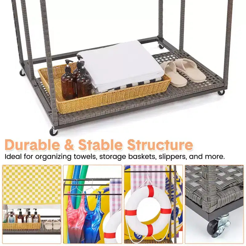 Porta asciugamani da bordo piscina, porta asciugamani in rattan intrecciato da terra, organizer con scomparto per gonfiabili, noodle da piscina, anelli da nuoto