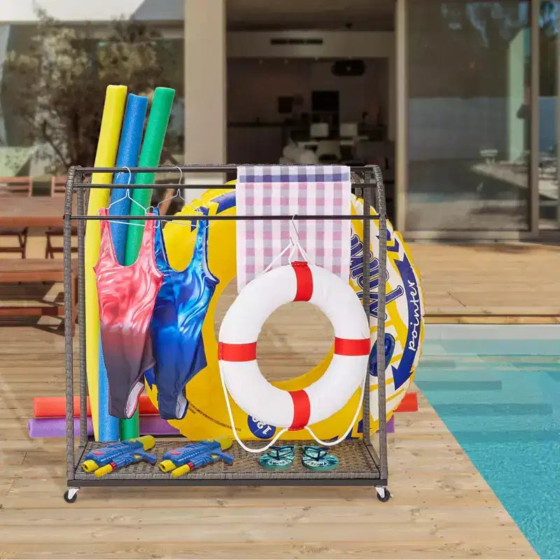 Porta asciugamani da bordo piscina, porta asciugamani in rattan intrecciato da terra, organizer con scomparto per gonfiabili, noodle da piscina, anelli da nuoto