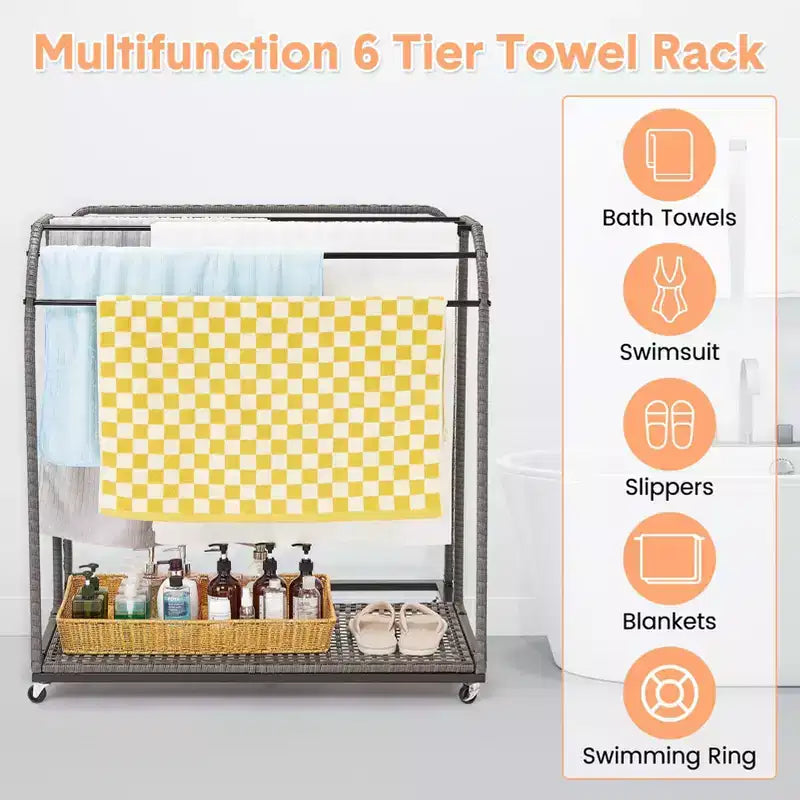 Porta asciugamani da bordo piscina, porta asciugamani in rattan intrecciato da terra, organizer con scomparto per gonfiabili, noodle da piscina, anelli da nuoto
