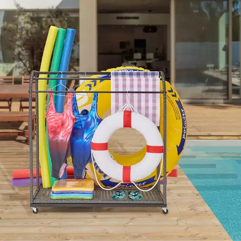 Porta asciugamani da bordo piscina, porta asciugamani in rattan intrecciato da terra, organizer con scomparto per gonfiabili, noodle da piscina, anelli da nuoto