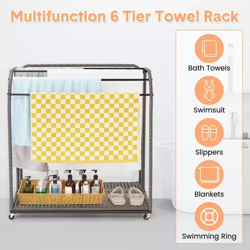 Porta asciugamani da bordo piscina, porta asciugamani in rattan intrecciato da terra, organizer con scomparto per gonfiabili, noodle da piscina, anelli da nuoto