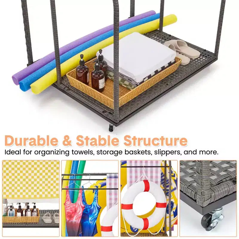 Porta asciugamani da bordo piscina, porta asciugamani in rattan intrecciato da terra, organizer con scomparto per gonfiabili, noodle da piscina, anelli da nuoto