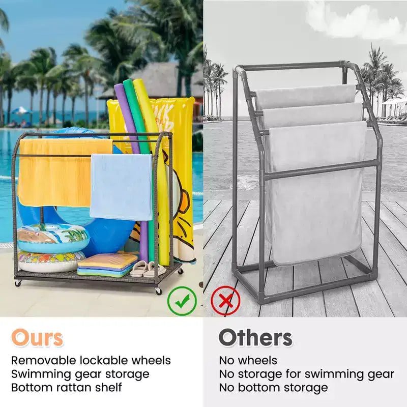 Porta asciugamani da bordo piscina, porta asciugamani in rattan intrecciato da terra, organizer con scomparto per gonfiabili, noodle da piscina, anelli da nuoto