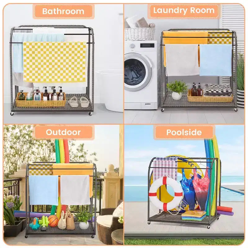 Porta asciugamani da bordo piscina, porta asciugamani in rattan intrecciato da terra, organizer con scomparto per gonfiabili, noodle da piscina, anelli da nuoto