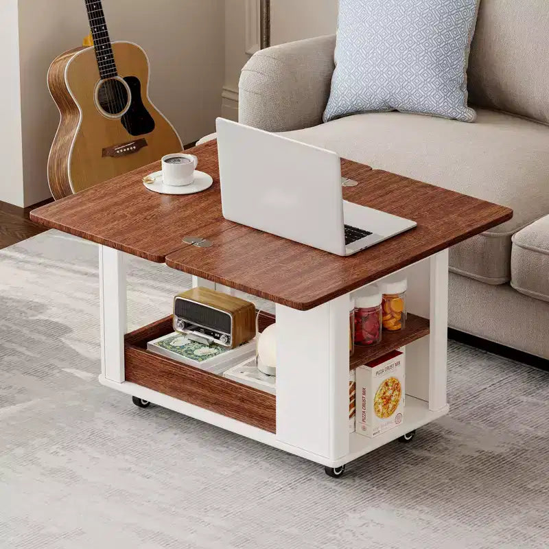 Tavolino moderno da 70 cm con piano pieghevole, rotelle, cassetto, ripiano a giorno e scomparto nascosto