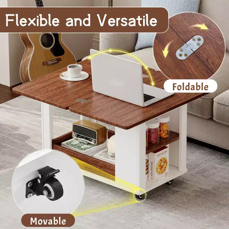 Tavolino moderno da 70 cm con piano pieghevole, rotelle, cassetto, ripiano a giorno e scomparto nascosto