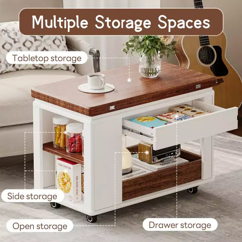 Tavolino moderno da 70 cm con piano pieghevole, rotelle, cassetto, ripiano a giorno e scomparto nascosto