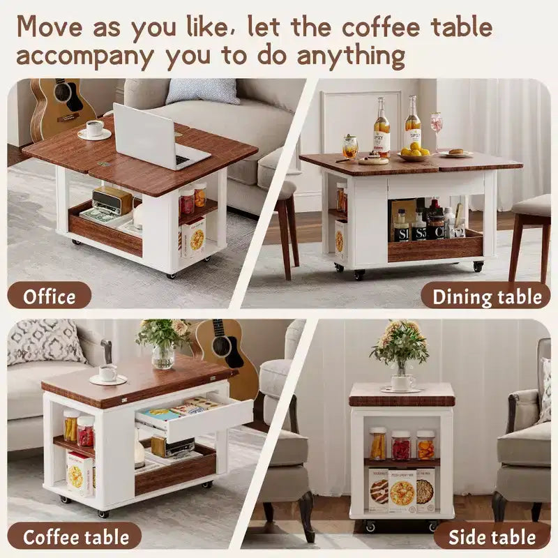 Tavolino moderno da 70 cm con piano pieghevole, rotelle, cassetto, ripiano a giorno e scomparto nascosto