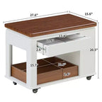 Tavolino moderno da 70 cm con piano pieghevole, rotelle, cassetto, ripiano a giorno e scomparto nascosto
