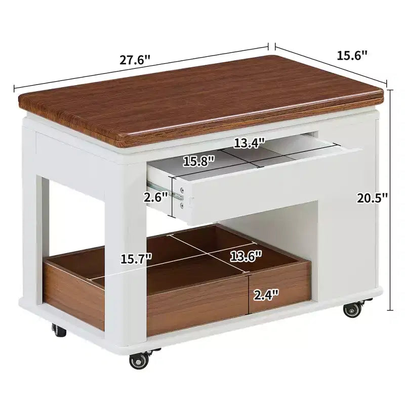 Tavolino moderno da 70 cm con piano pieghevole, rotelle, cassetto, ripiano a giorno e scomparto nascosto