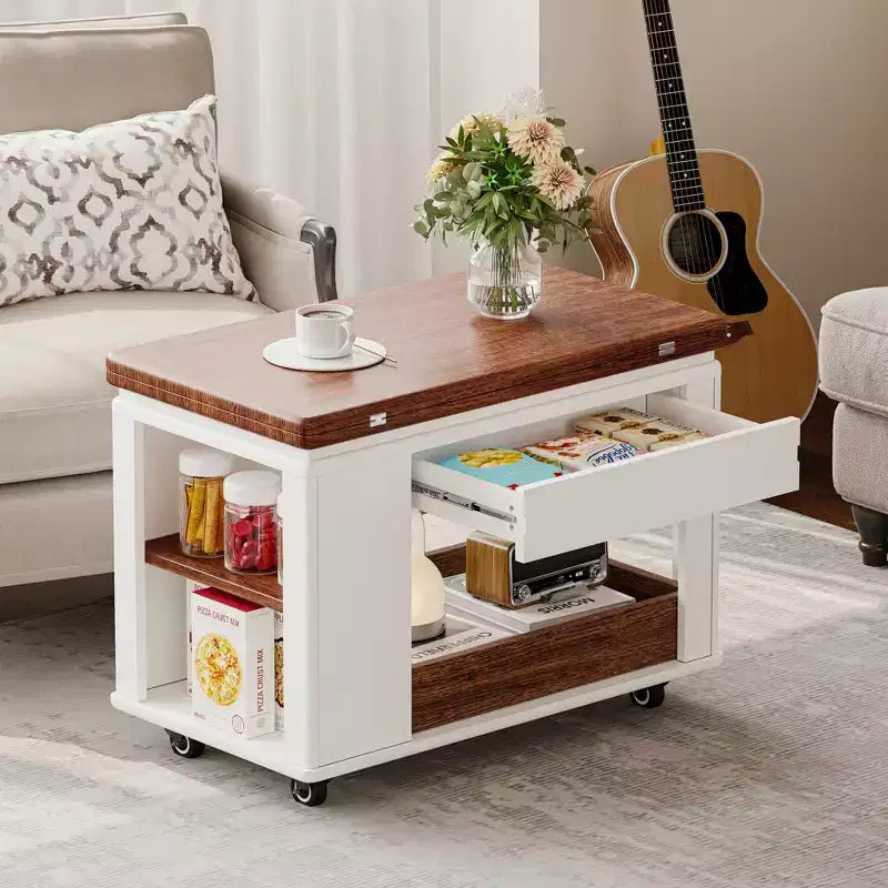Tavolino moderno da 70 cm con piano pieghevole, rotelle, cassetto, ripiano a giorno e scomparto nascosto