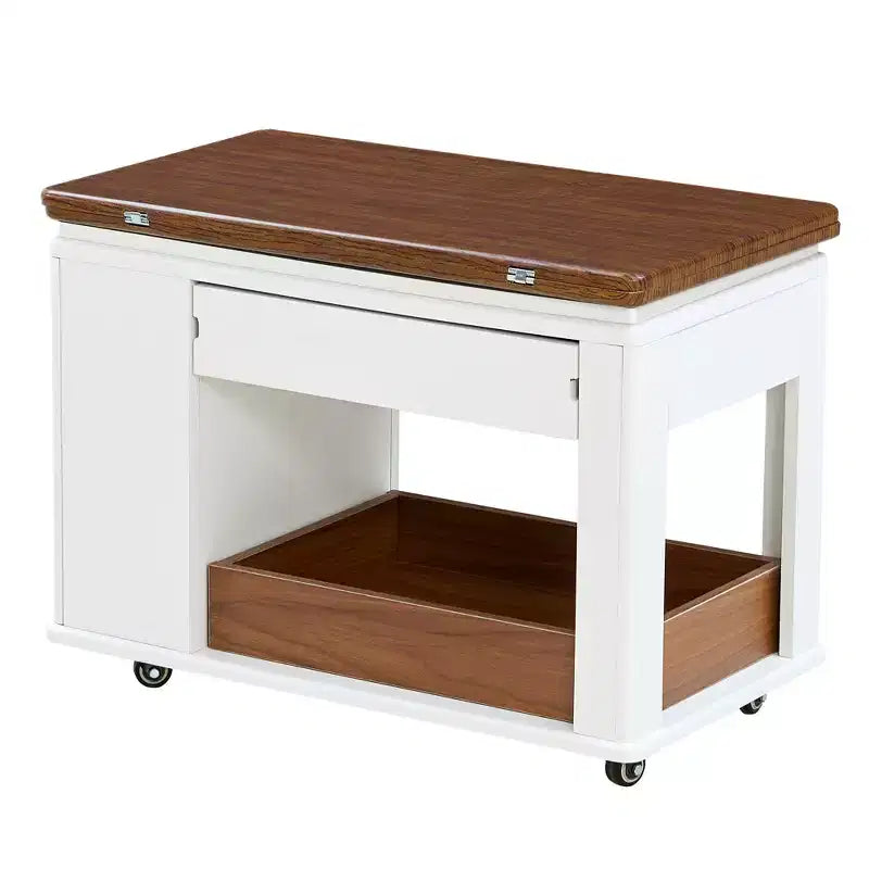 Tavolino moderno da 70 cm con piano pieghevole, rotelle, cassetto, ripiano a giorno e scomparto nascosto