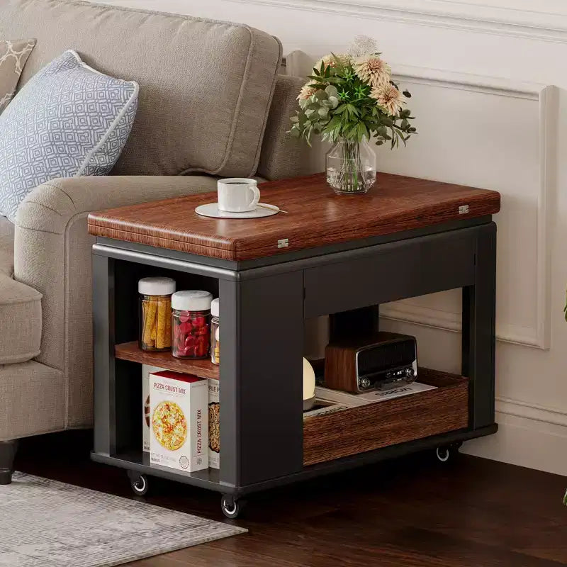 Tavolino moderno da 70 cm con piano pieghevole, rotelle, cassetto, ripiano a giorno e scomparto nascosto