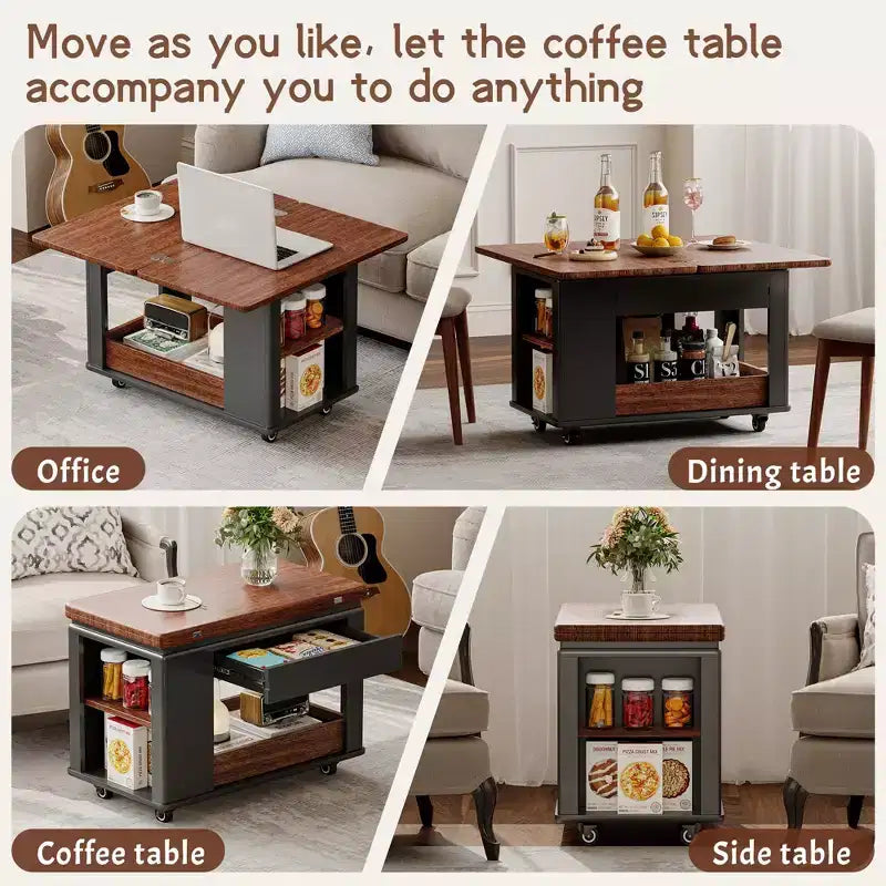 Tavolino moderno da 70 cm con piano pieghevole, rotelle, cassetto, ripiano a giorno e scomparto nascosto