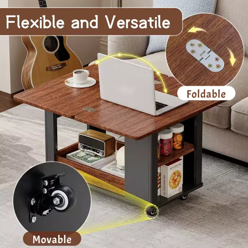 Tavolino moderno da 70 cm con piano pieghevole, rotelle, cassetto, ripiano a giorno e scomparto nascosto