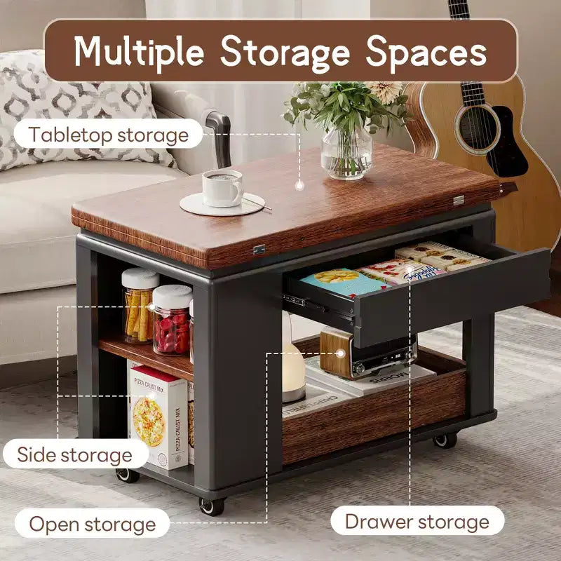 Tavolino moderno da 70 cm con piano pieghevole, rotelle, cassetto, ripiano a giorno e scomparto nascosto