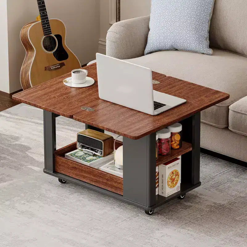 Tavolino moderno da 70 cm con piano pieghevole, rotelle, cassetto, ripiano a giorno e scomparto nascosto