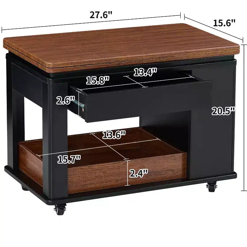 Tavolino moderno da 70 cm con piano pieghevole, rotelle, cassetto, ripiano a giorno e scomparto nascosto