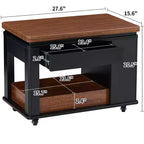 Tavolino moderno da 70 cm con piano pieghevole, rotelle, cassetto, ripiano a giorno e scomparto nascosto