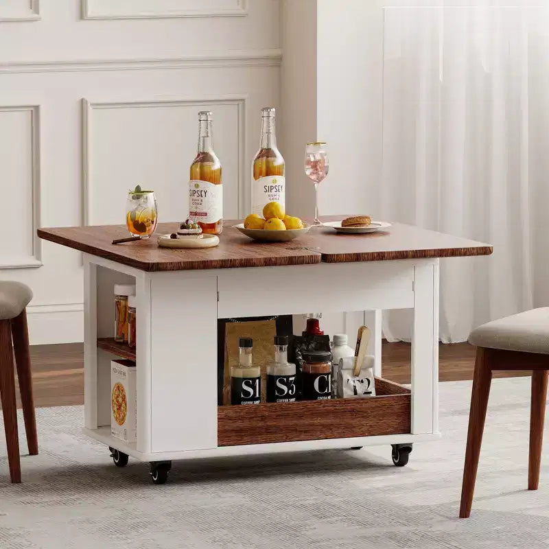 Tavolino moderno da 70 cm con piano pieghevole, rotelle, cassetto, ripiano a giorno e scomparto nascosto